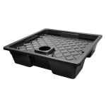 Durable black plastic tray for plant drainage and garden use. Easy to clean and weather-resistant.
