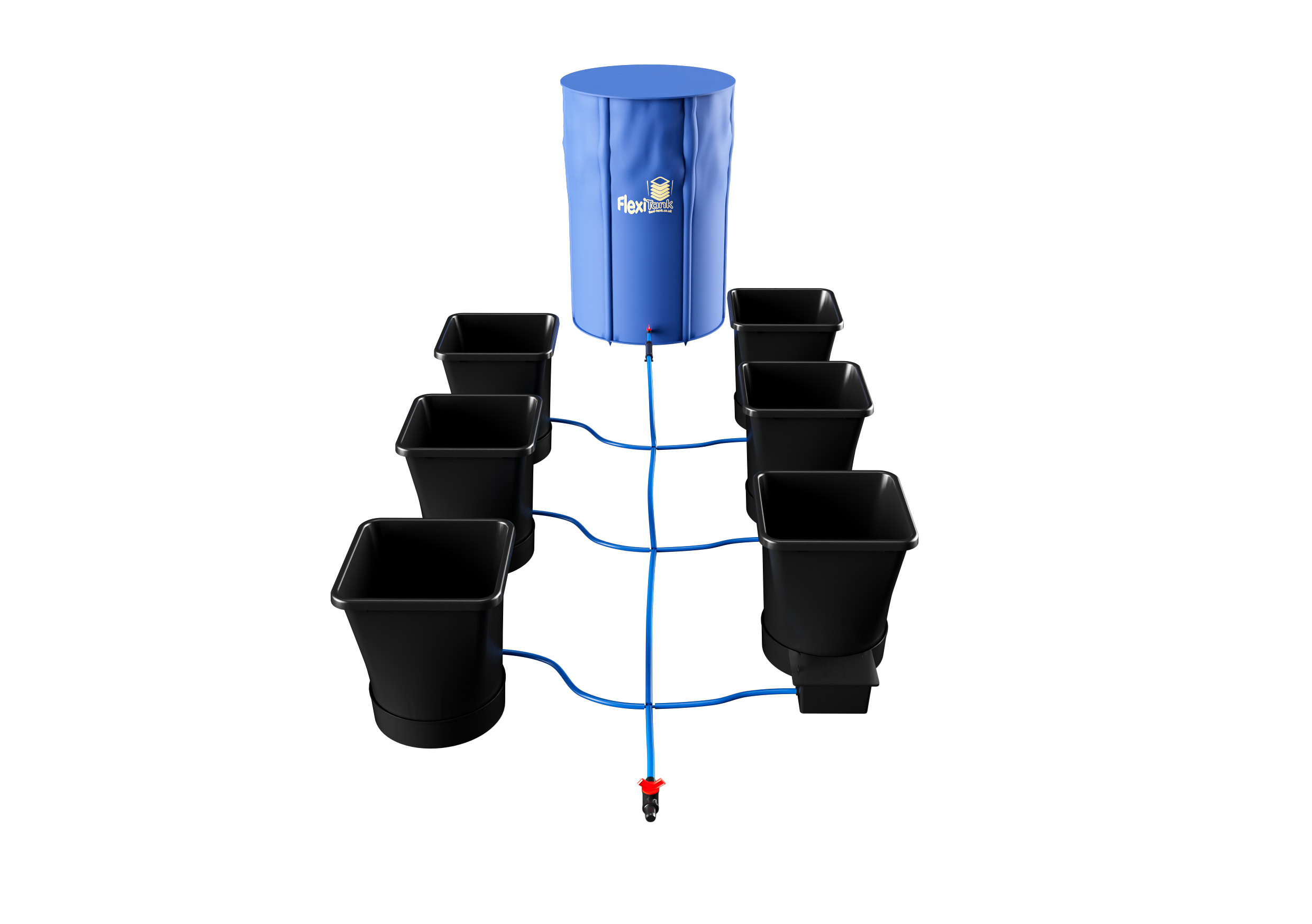 Hydroponic Nutrient System for Growing. High-quality hydroponic plant nutrient setup with black containers and blue reservoir.