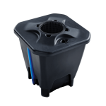 Black UV steriliser with blue tubing for water purification in hydroponic systems.