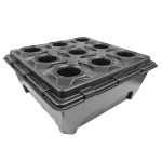 Black nursery seedling trays for plant propagation and gardening.