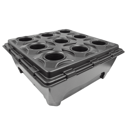 Black nursery seedling trays for plant propagation and gardening.